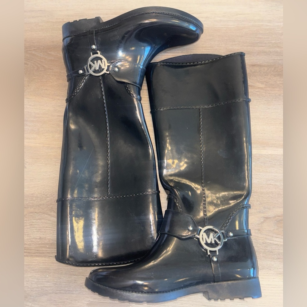Michael Kors Shiny Black Boots with Silver Logo